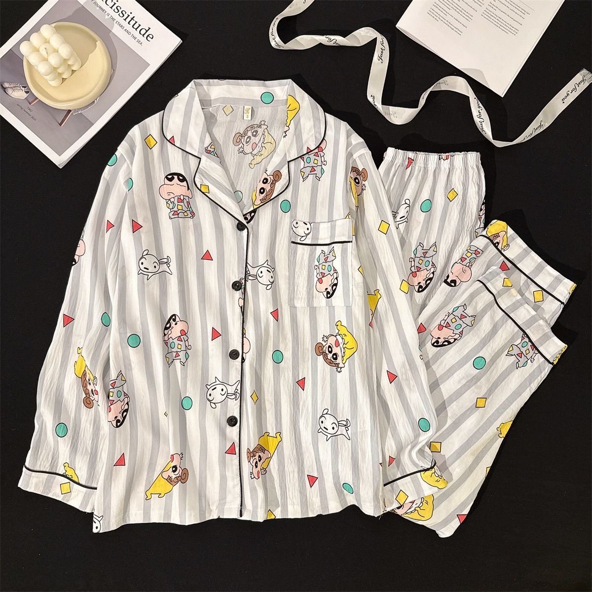 新款蜡笔小新云朵棉睡衣女生春秋季条纹可爱卡通风开衫家居服套装