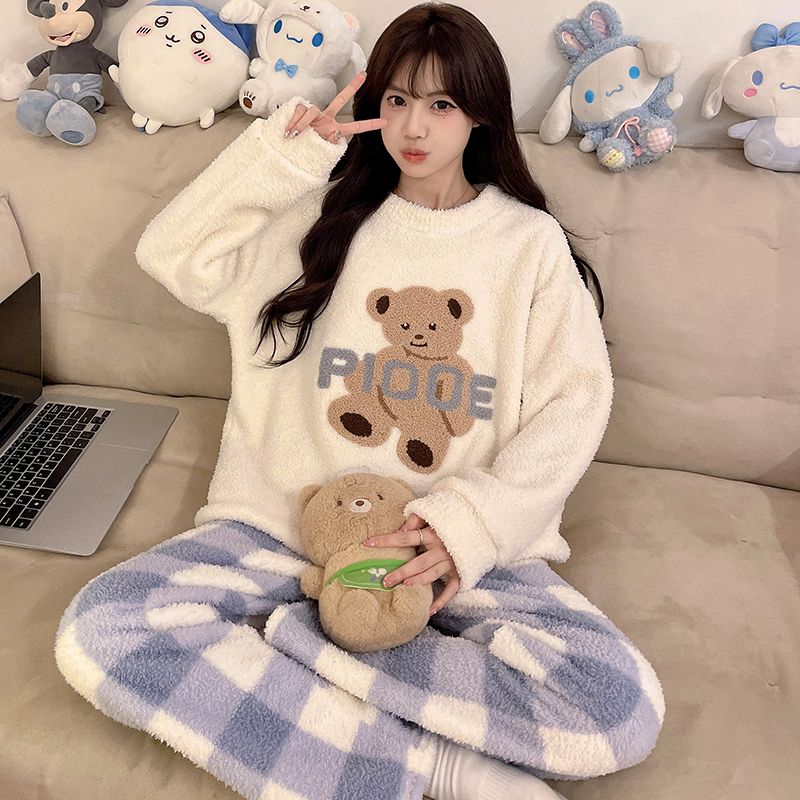 半边绒软绵绵睡衣女2025秋冬季新款格子小熊加厚保暖珊瑚绒家居服