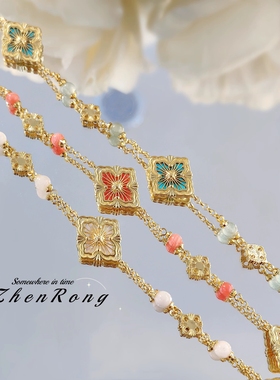 Young复古宫廷风布布风白贝母四叶草手链蓝绿松石粉贝壳隔珠手串