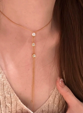 Young轻奢时尚泡泡星轨锆石项链女小众简约抽拉毛衣链流苏锁骨链