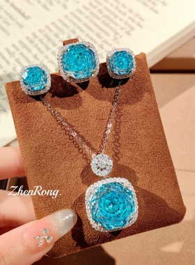 Young双色金八角千禧玫瑰切海蓝钻项链玫红吊坠碧玺耳钉彩宝戒指