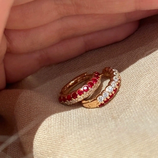 Young双排钻红刚玉耳扣女轻奢彩宝高碳钻耳钉黄金色鸽血红耳环女