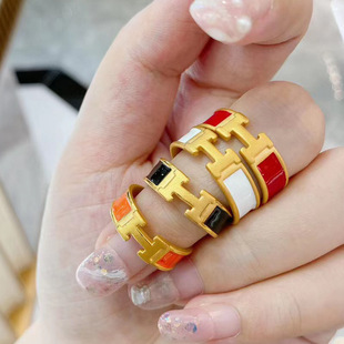Young沙金镀3D黄金色戒指红色珐琅彩色滴胶女款时尚H字母开口戒指