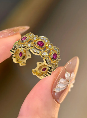 魅影蕾丝花边红刚玉戒指女