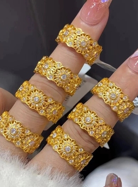 Young新中式复古红刚玉玫瑰花窗戒指女国风气质满钻蔷薇花指环女