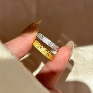 Young中古Vintage拉丝镶钻八芒星戒指水星记双环星芒真金电镀排戒