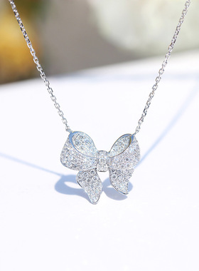 Young小红书ins风格蝴蝶结项链镀18k金项链锁骨链镀白金满钻吊坠