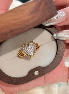 Young法式复古镶钻镂空心形戒指小众藤编vintage中古风爱心戒指女