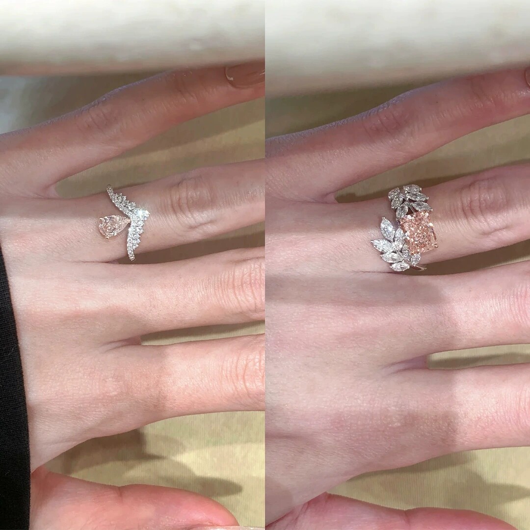 Young千金感粉钻冰花切方糖麦穗戒指爆闪水滴形双色金皇冠冕女戒