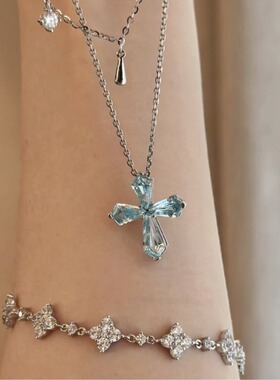 海蓝宝托帕石十字架项链女