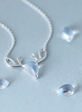 Young925麋鹿项链女日韩版森系月光石吊坠锁骨链简约鹿角设计项饰