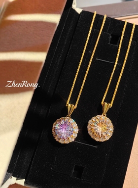 时尚轻奢镀金大克拉烟花切锆石洋芋紫钻项链镶嵌炫彩钻吊坠彩宝女