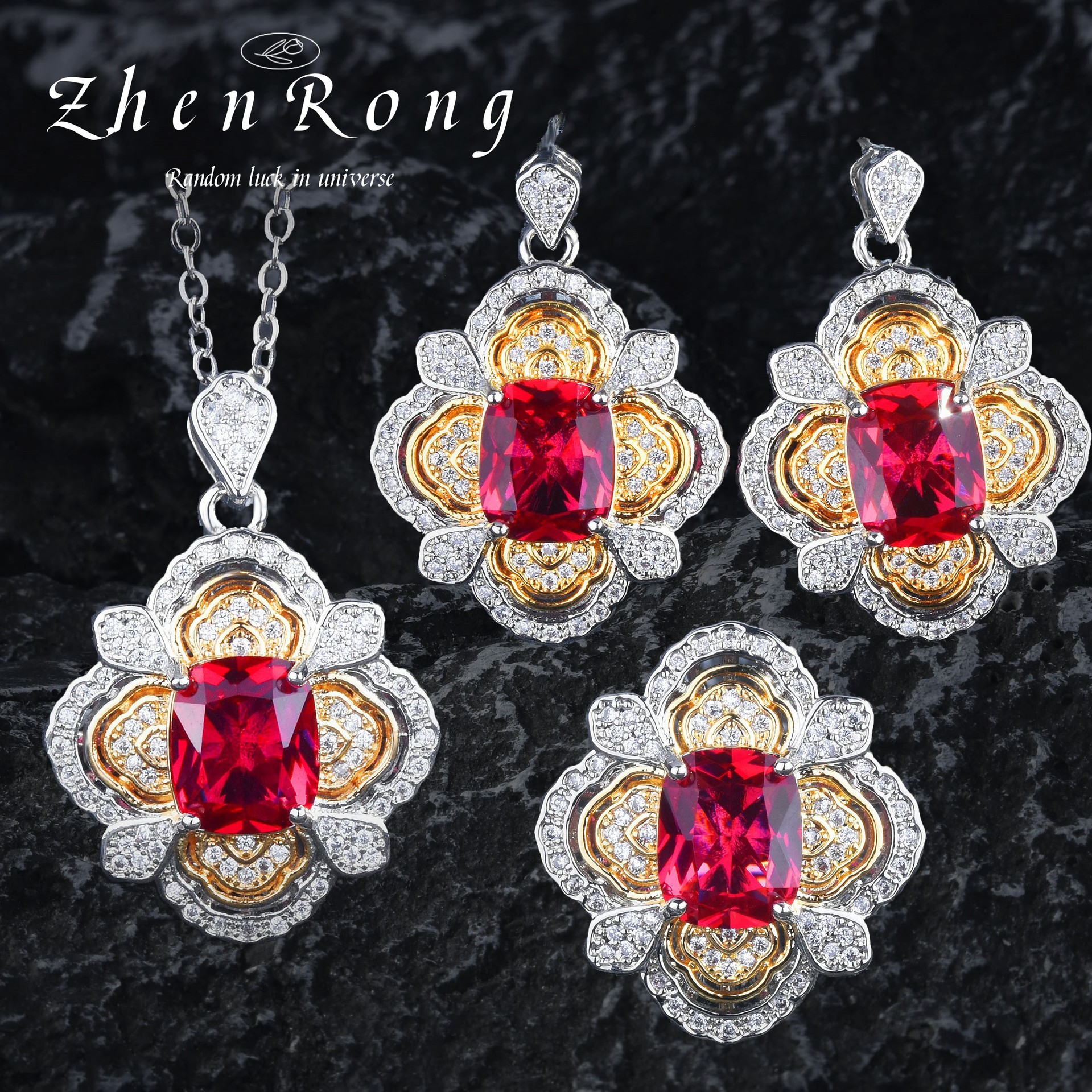 Young复古织纹雕金宫廷风吊坠红宝石耳环项链套装彩宝耳钉戒指女