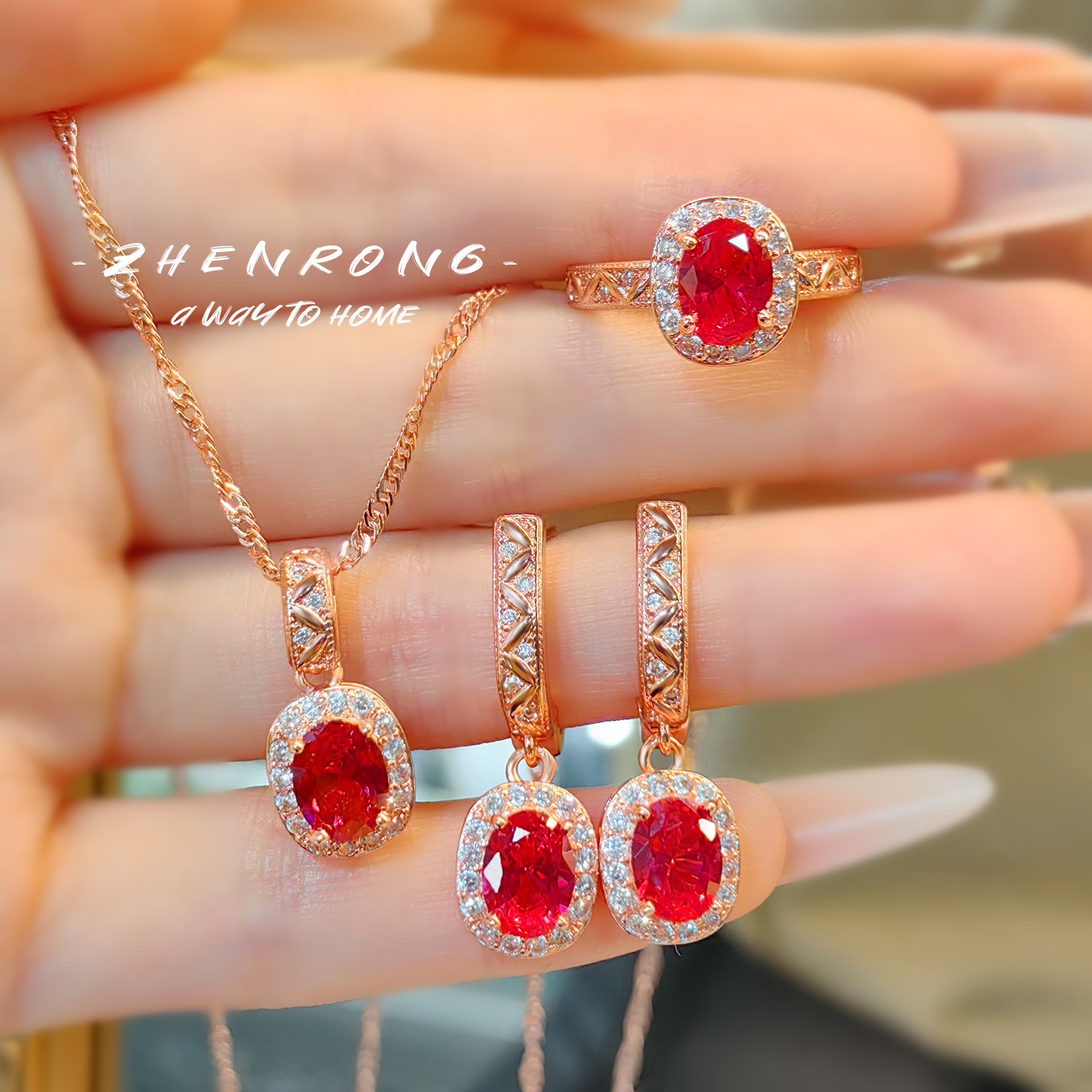 Young轻奢复古鸽血红红刚玉套装吊坠彩宝耳环高碳钻项链戒指手链