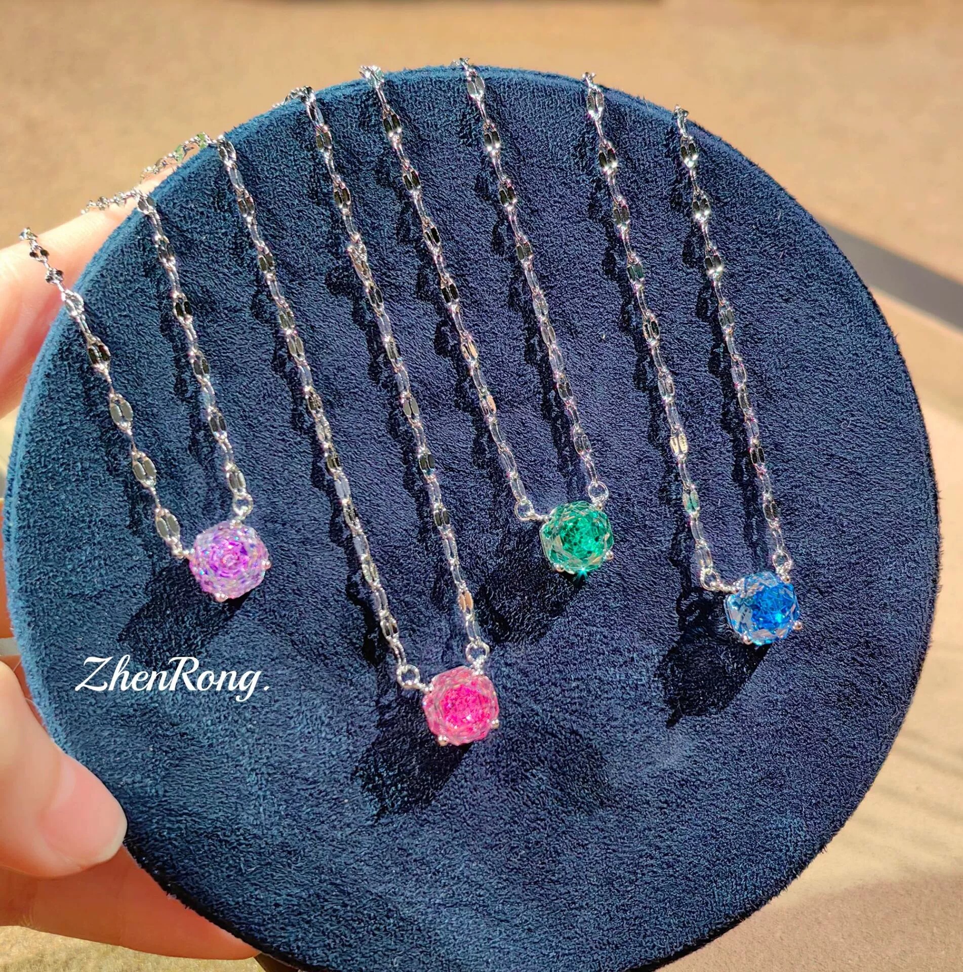 Young时尚八角玫瑰切帕拉伊巴鼻屎钻项链彩宝嘴唇链炫彩钻吊坠女