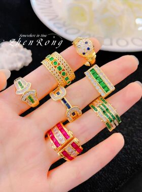 Young珠宝ArtDeco风格时尚设计戒指轻奢锆石镶嵌复古彩宝糖果女戒