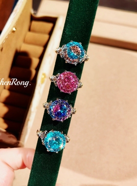 Young时尚轻奢八角玫瑰切戒指时尚镶高碳钻双色帕拉伊巴蓝钻戒女