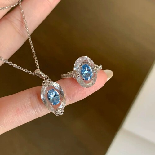 Young小众设计海湾秘境吊坠项链镶帕拉伊巴鸢尾花戒指彩宝套装女