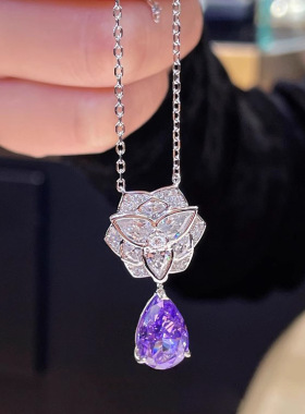 水滴梨形紫钻山茶花项链