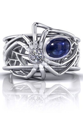 Youngwish热卖新款创意蜘蛛戒指 欧美庞克风格女款镶嵌蓝宝石指环