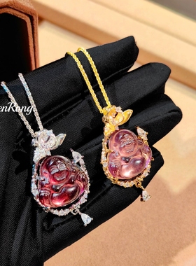 Young新中式紫气东来莲花佛公吊坠男镶钻雕刻水沫玉弥勒佛项链女