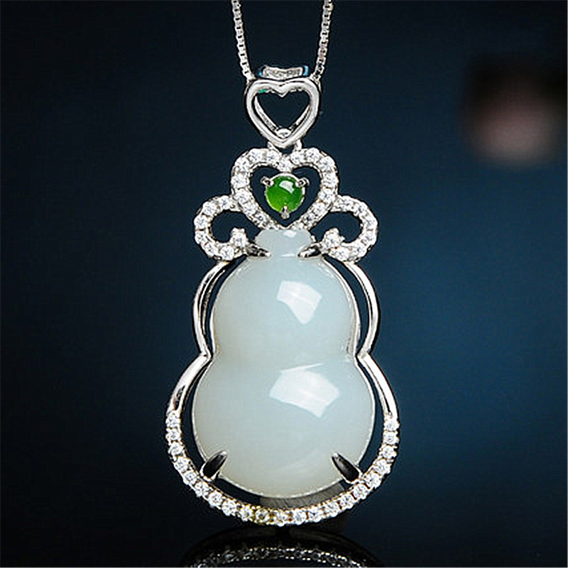 925银镶嵌和田玉葫芦吊坠项链