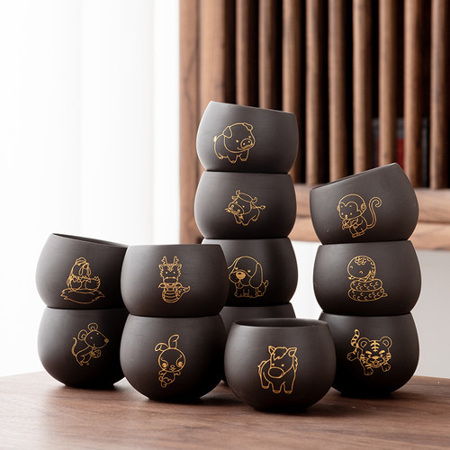 十二生肖紫砂功夫斗笠家用茶杯