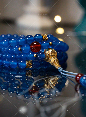 【壮的响亮】碧海福云蓝玛瑙六字真言三通沙金小花108颗手链手串