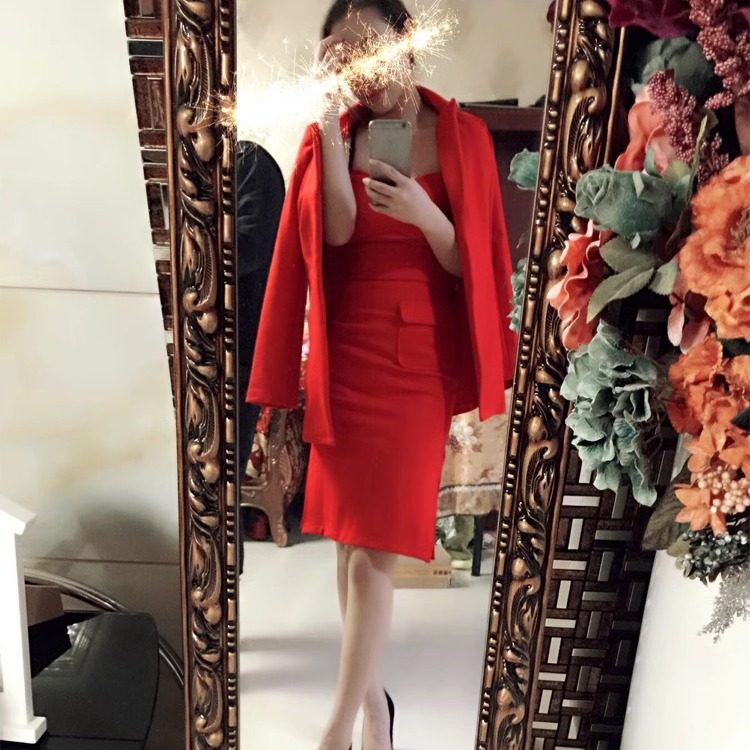 韩国东大门OL礼服西装外套装性感包臀抹胸开叉裹胸连衣裙两件套