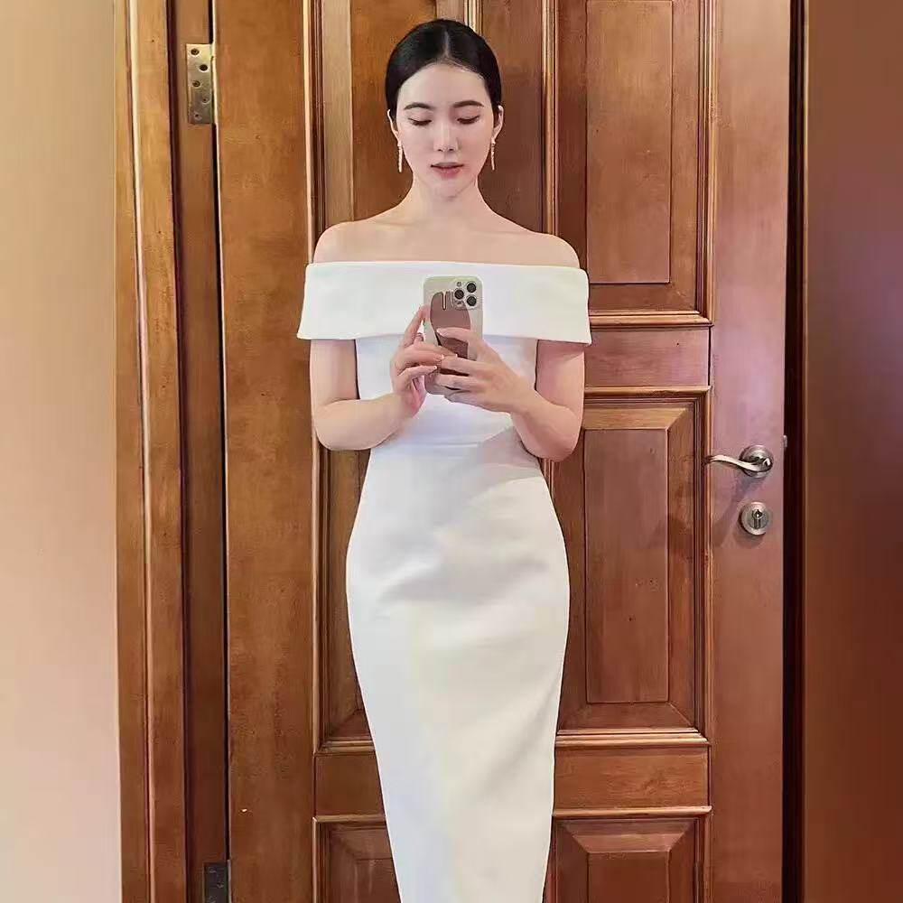 法式白色一字肩中长款宴会年会生日派对订婚领证晚礼服连衣裙图片