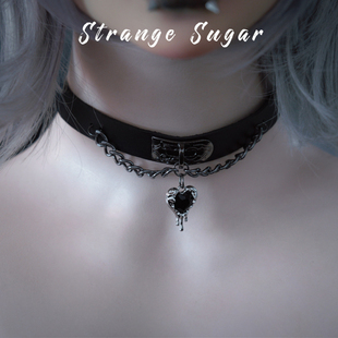怪糖饰物集原创手工仿皮爱心吊坠链条颈链choker饰品暗黑亚文化黑