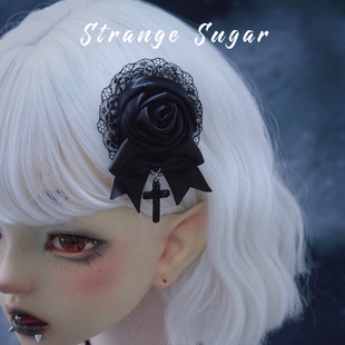 怪糖饰物集原创手工黑玫瑰缎面蕾丝十字发夹边夹花丸暗黑哥特亚