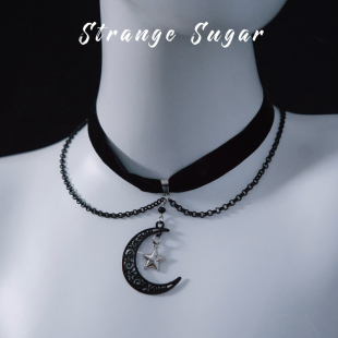 怪糖饰物集原创手工月亮星星合金丝绒颈链choker暗黑亚文化黑色