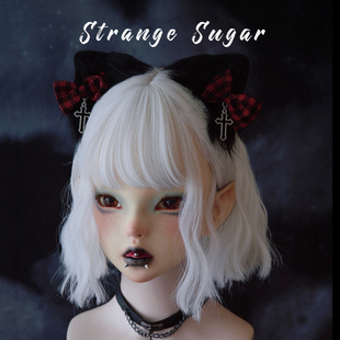 怪糖饰物集原创手工红黑格小蝴蝶结十字毛绒猫耳发夹边夹黑色红色