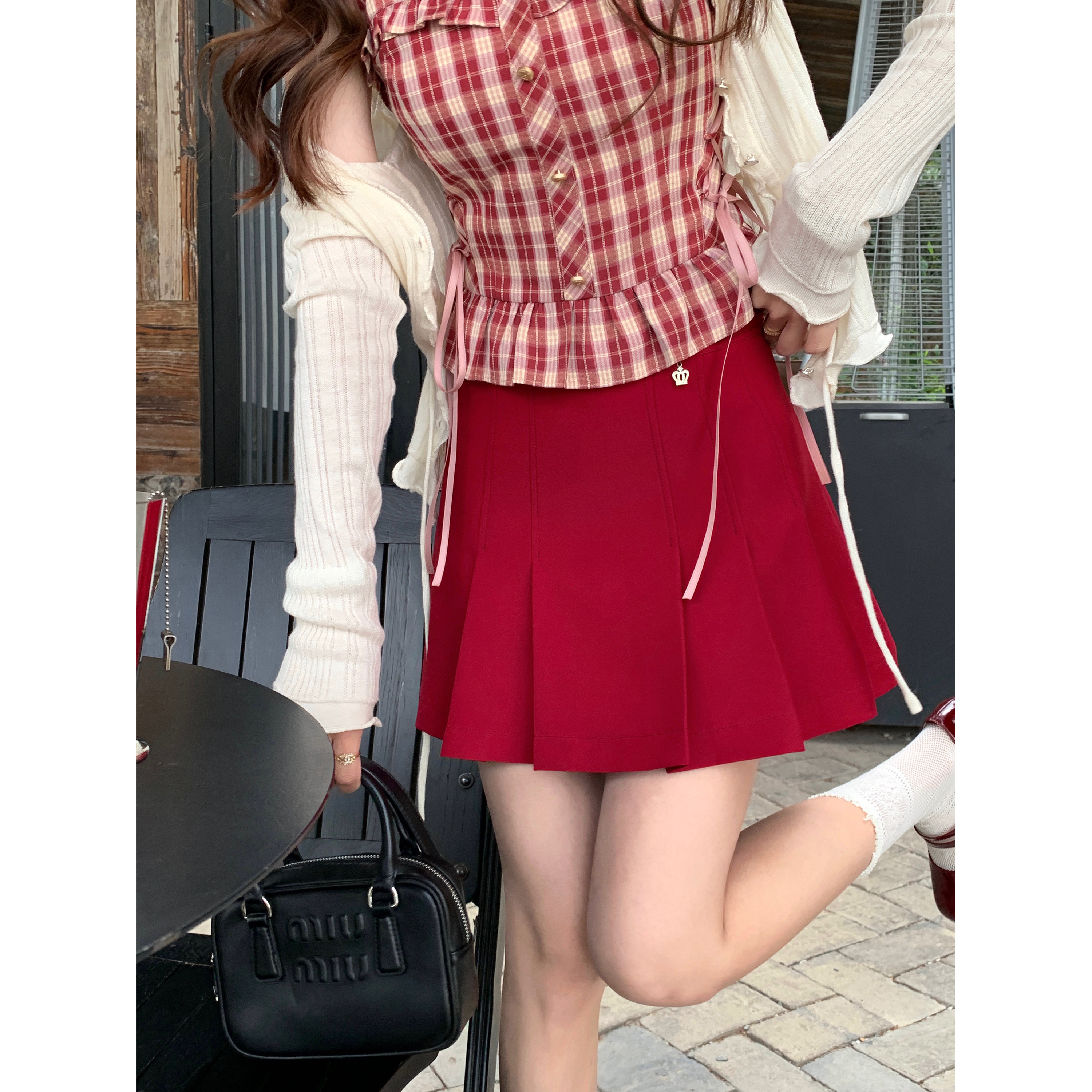 Q女家 少女时代/红色百褶裙女高腰a字显瘦学院风半身裙夏季2023