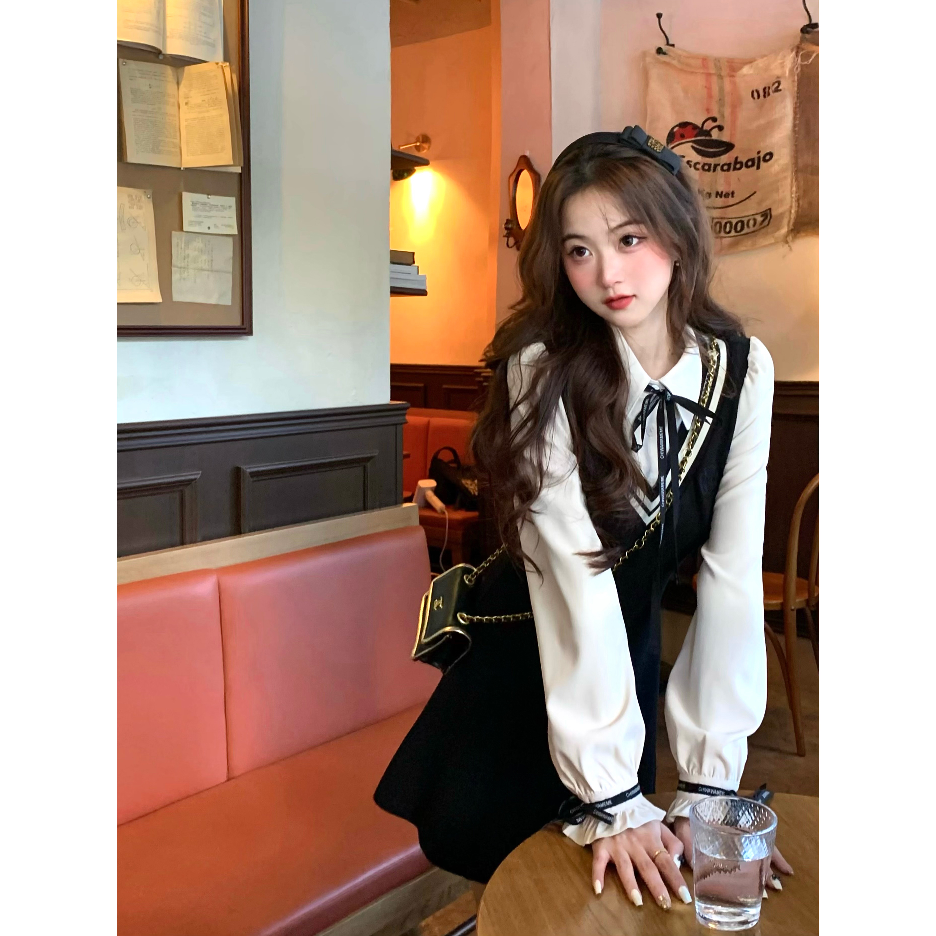 Q女家 温莎学院/假两件衬衫显瘦长袖连衣裙女小个子秋冬黑色打底