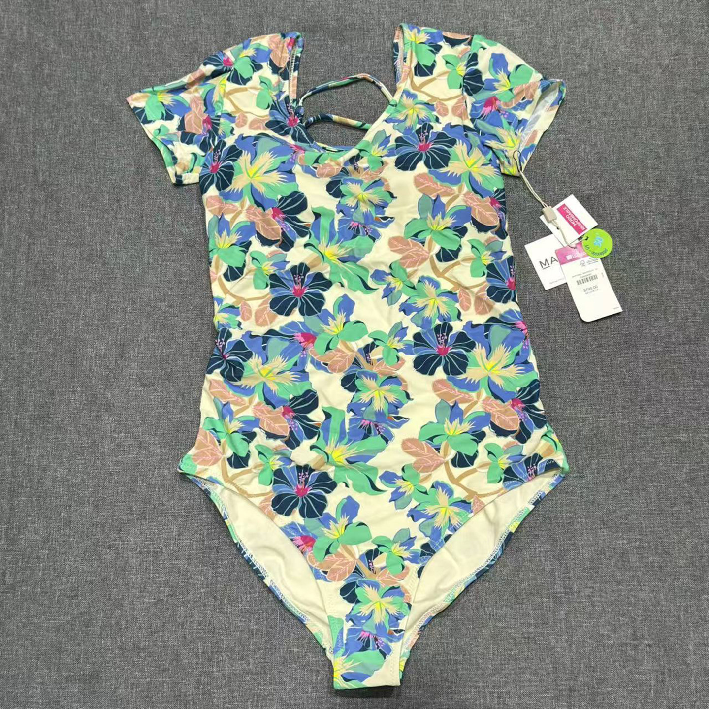 出口欧美女士成人短袖保守花朵包臀防晒大露背绑带三角连体游泳衣