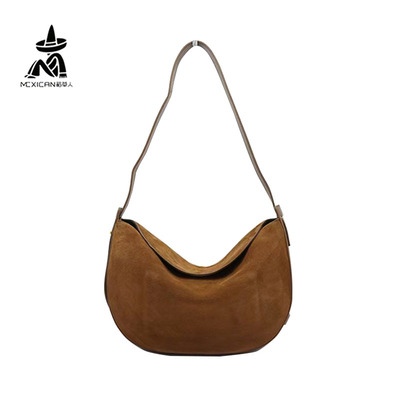 稻草人牛皮女包2025新款专柜同款真皮麂皮单肩下斜挎腋下饺子包包