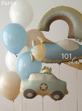 卡通磨砂棕色小熊气球彩虹警车动物铝膜气球儿童生日布置装饰背景