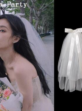网红求婚领证登记发光头纱超仙拍照短款新娘结婚蝴蝶结头饰蓬蓬纱