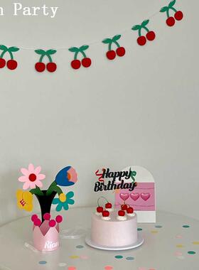 清新小众定制生日派对装饰蛋糕装饰韩系樱桃蝴蝶结拉旗幼儿园布置