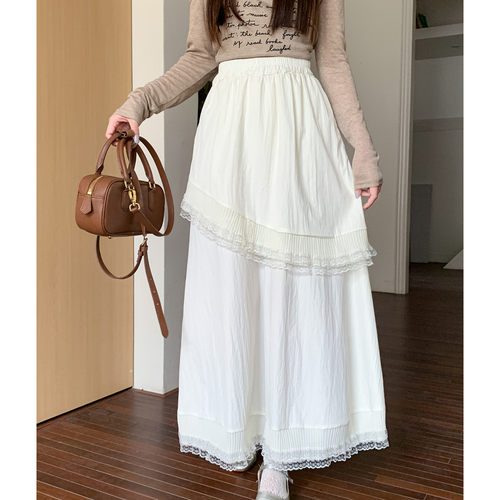 不规则蕾丝拼接蛋糕半身裙女春夏高腰显瘦荷叶边A字大摆长裙