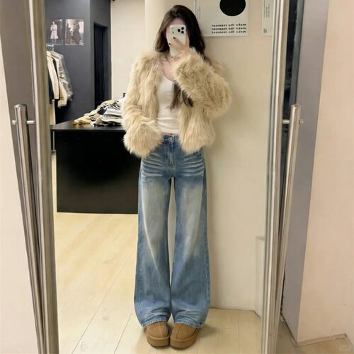 大码2026春季新款蓝色牛仔裤子女高腰胖MM显瘦复古阔腿宽松拖地裤