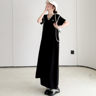 胖MM连衣裙拉架提花螺纹撞色连帽短袖 女装 长裙 描边大码 2026夏季