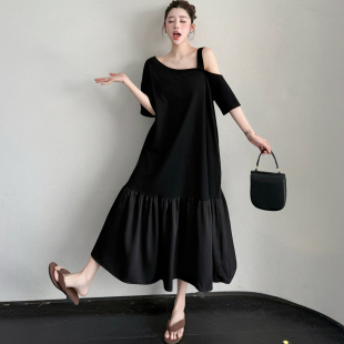 胖MM设计感露肩荷叶鱼尾连衣裙宽松显瘦小黑裙 女装 2026夏季 大码