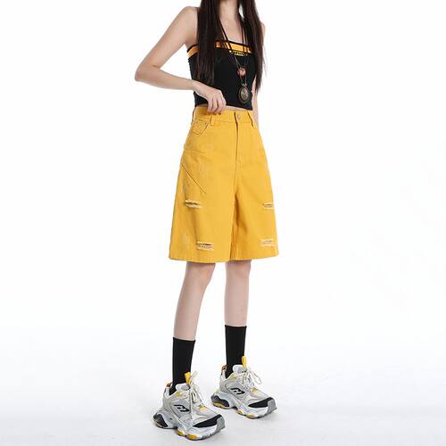 实拍 美式高街复古破洞裤夏季宽松百搭短裤高腰直筒牛仔五分裤