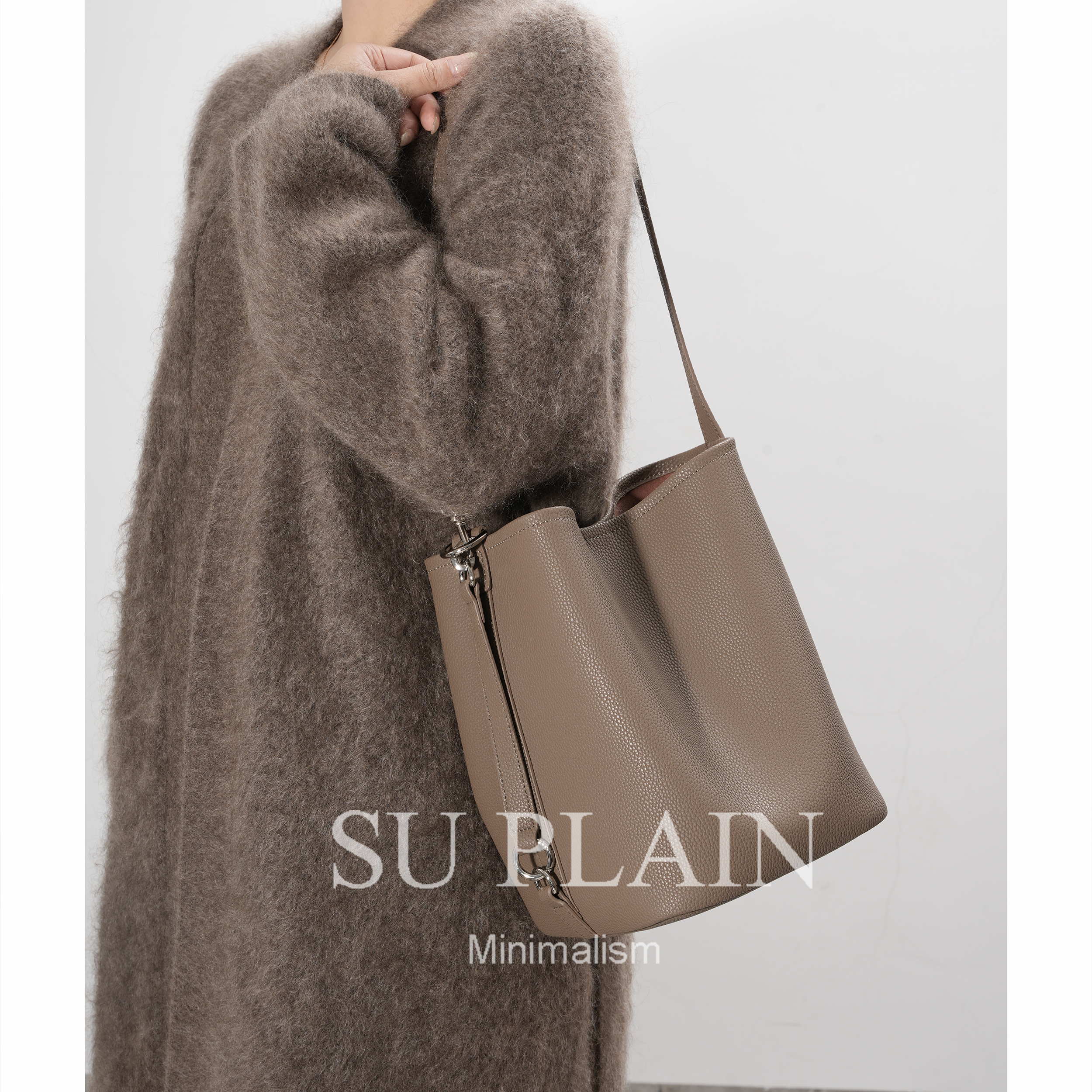 SUPLAIN南素野野  真皮牛皮托特水桶包女包单肩斜挎腋下流浪包