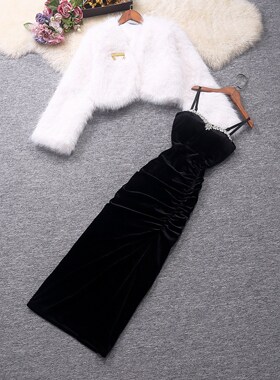 实拍秋冬女装仿皮草毛毛外套抽皱丝绒开衩中长吊带裙洋气两件套装