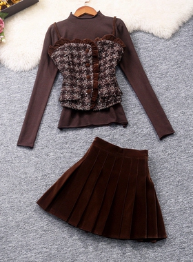 实拍冬季女装新品洋气小香风设计感背心短裙打底衫长袖三件套装潮