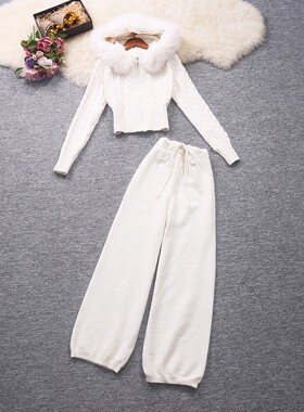 实拍慵懒感针织毛衣两件套毛毛连帽外套上衣+绑带阔腿裤时尚套装